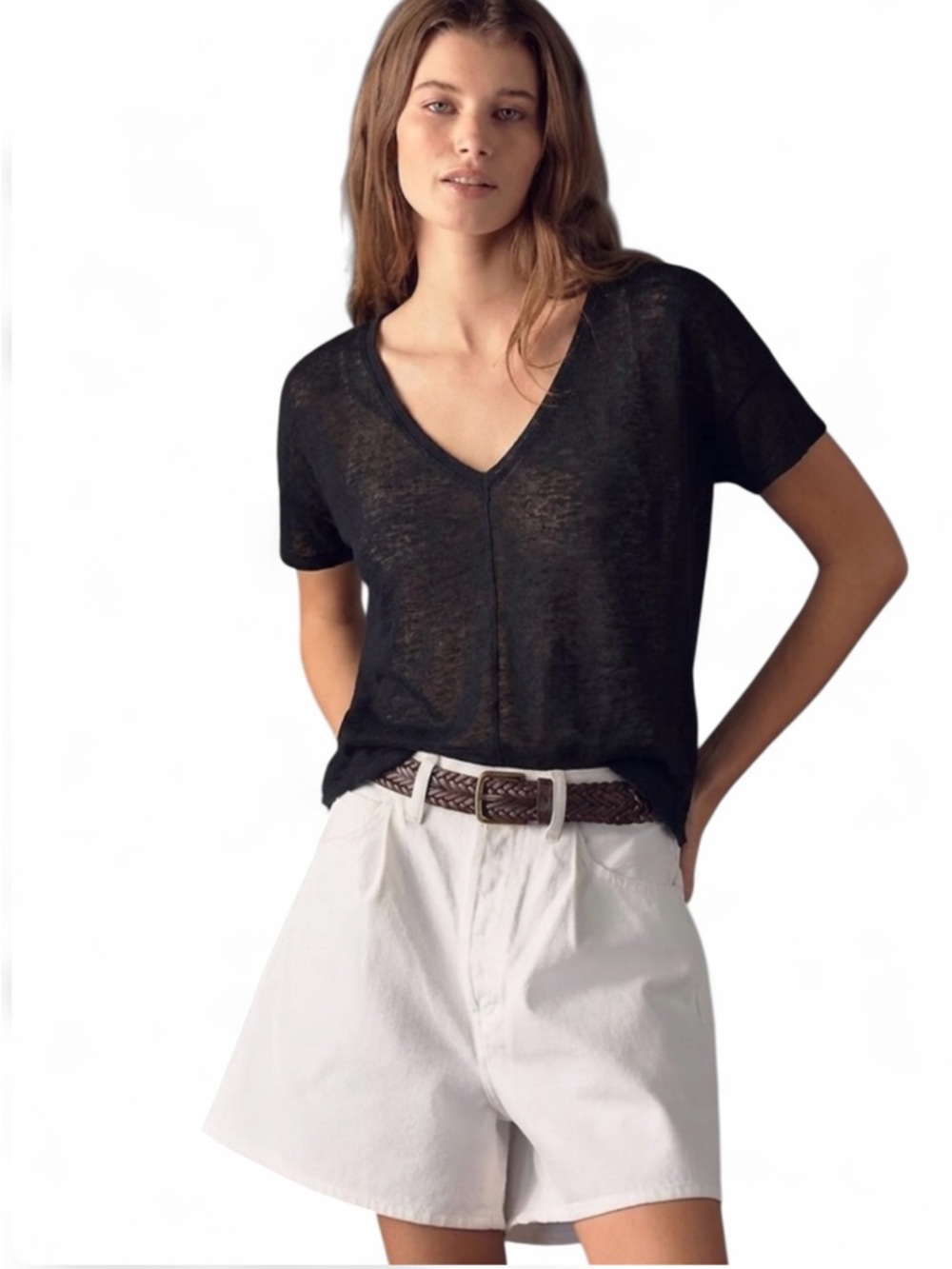 Autumn Cashmere $160 Black V Neck Linen Blend Tee Shirt Size Medium Preppy Beach